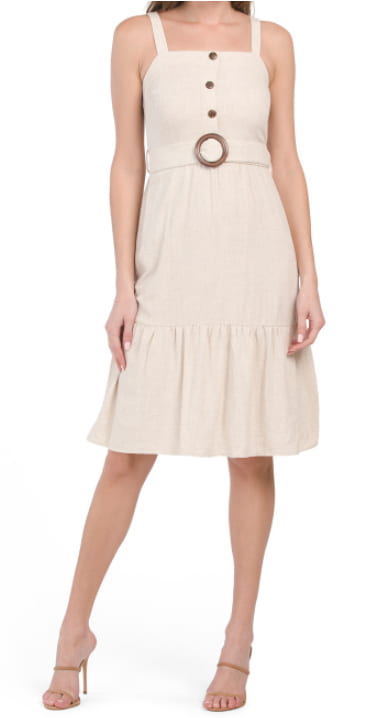Belted Linen Blend Midi Dress With Buttons at TJ Maxx